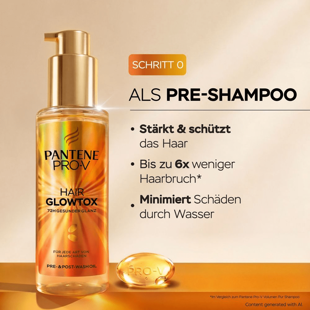 Pantene Pro-V Hair Glowtox Öl, als Pre-Shampoo für bis zu 6x weniger Haarbruch.
