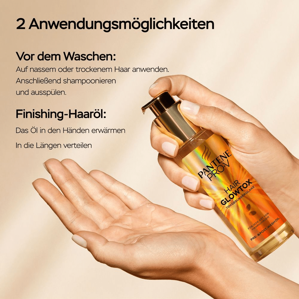 Pantene Pro-V Hair Glowtox Öl, zeigt zwei Anwendungsmöglichkeiten.
