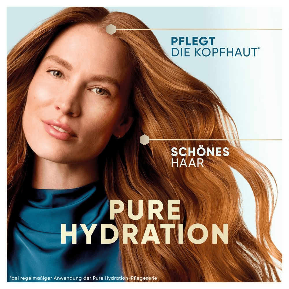 Werbung für Haarpflegeprodukt "PURE HYDRATION" mit Fokus auf Kopfhautpflege und schönes Haar.