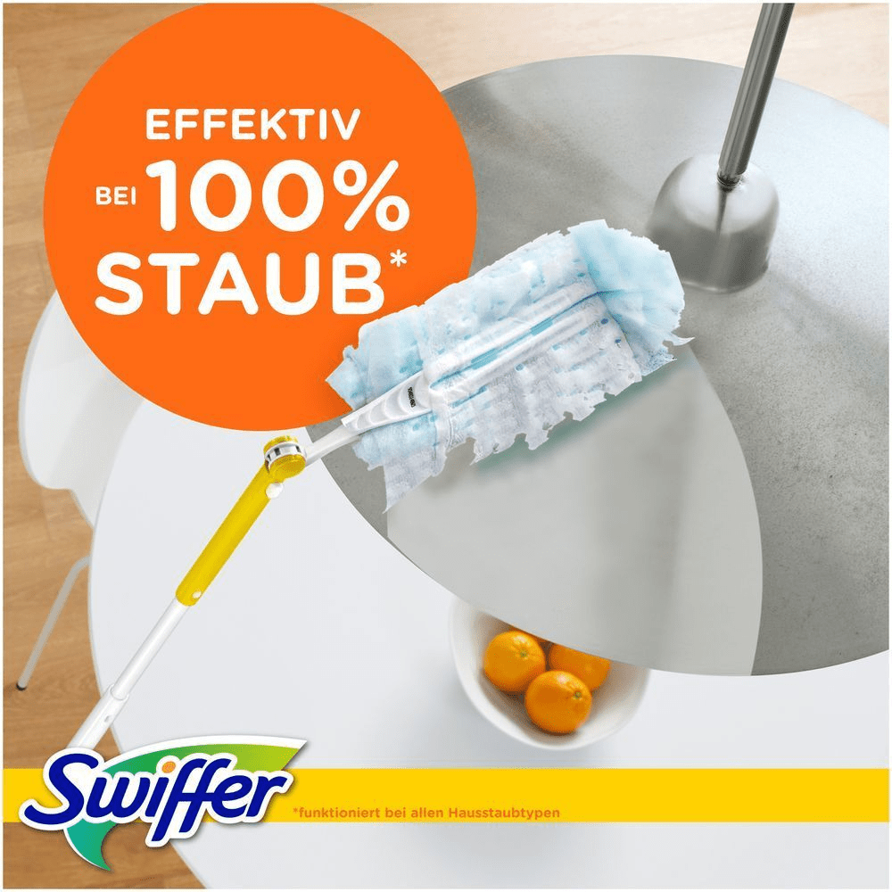 Swiffer Staubmagnet im Einsatz, bewirbt effektive Staubentfernung von Oberflächen.