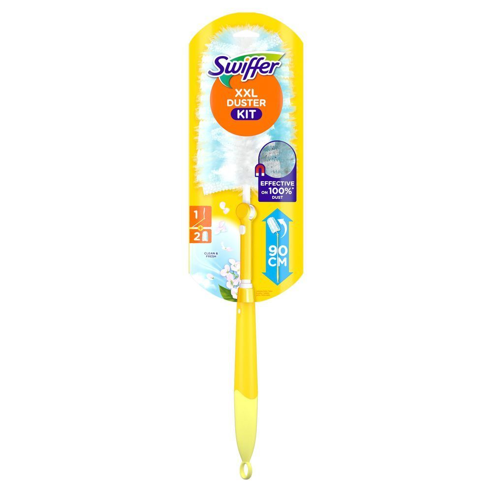 Swiffer Duster Kit Verpackung, die die Behauptung hervorhebt, dass er Staub entfernt. [IT] Swiffer Duster Kit confezione, evidenziando l'affermazione "Efficace al 100% sulla polvere" e l'estensione del manico. [PT] Swiffer Duster Kit com embalagem que destaca a eficácia na remoção de poeira.;
