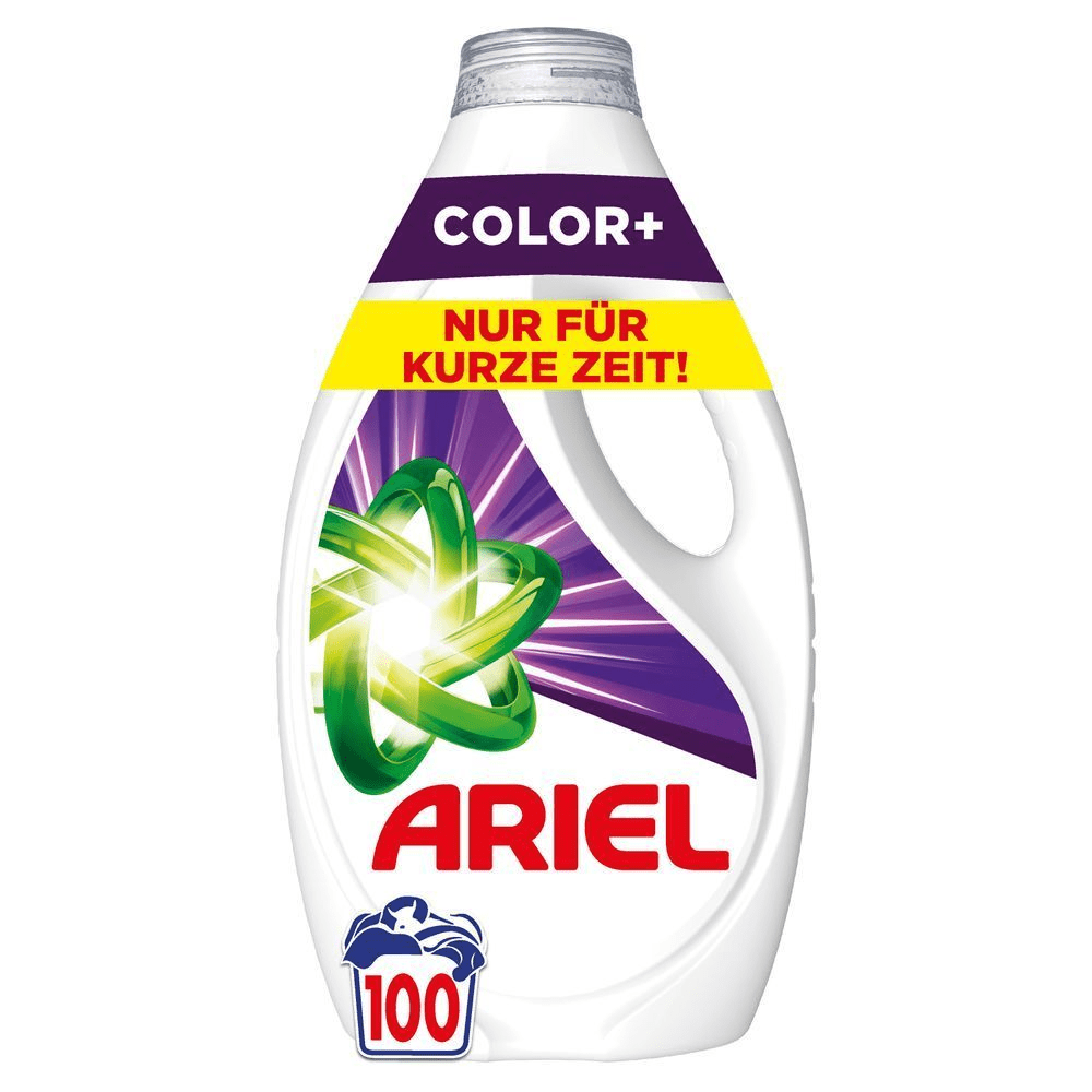 Ariel Color+ Flüssigwaschmittel für 100 Waschladungen. 
Text ist abgebildet: "Nur für kurze Zeit!" [EN] Ariel Color+ liquid detergent for 100 loads;