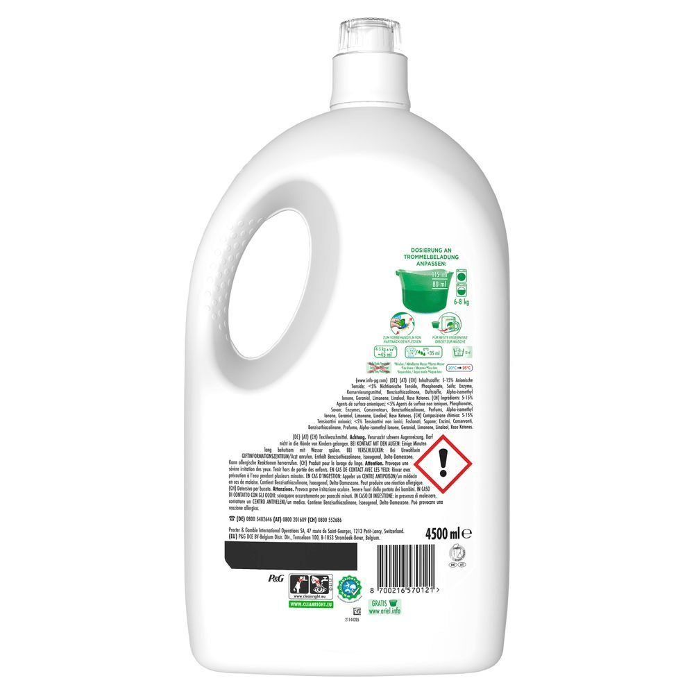 Ariel Flüssigwaschmittel, 4500 ml Größe, mit trommelgerechter Dosierungsanleitung. Zeigt die Rückseite mit Angaben zu Inhaltsstoffen und gesetzlichen Vorschriften in Deutsch. [EN] Ariel liquid laundry detergent, 4500 ml size, with dosage instructions suitable for loading the drum. [IT] Detersivo liquido per bucato Ariel, formato da 4500 ml, con istruzioni di dosaggio adatte al caricamento del cestello.;